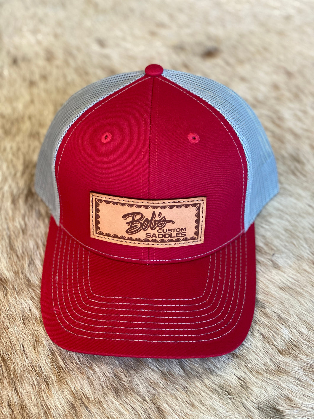 Leather Patch Snapback Hat — Red