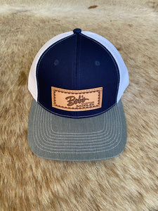 Leather Patch Snapback Hat — Navy & Gray